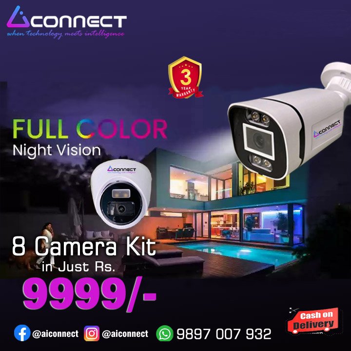 AI Connect 3MP Full Night Color with Audio 8 HD Camera Kit – Includes 4 indoor cameras, 4 outdoor cameras, 8-channel DVR, and accessories for complete security.
